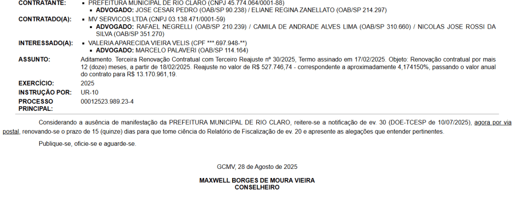 Documento informando a notificação da Prefeitura de Rio Claro referente ao contrato com a MV Serviços Ltda., detalhando irregularidades e prazos para manifestação.