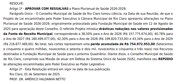 Documento oficial da Resolução nº 009/2025 do Conselho Municipal de Saúde de Rio Claro, que aprova o Plano Plurianual de Saúde 2026-2029 com ressalvas e expressa repúdio aos cortes de R$ 754,9 milhões no orçamento da saúde.