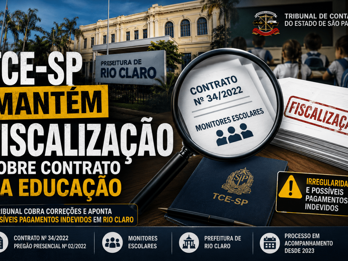 TCE-SP mantém fiscalização sobre contrato de monitores escolares em Rio Claro e cobra novas explicações